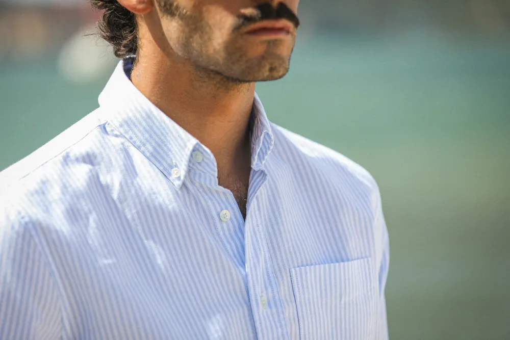 Drapeau Noir Chemise Oxford Rayée Bleu - Retro Fit Stripes Blue Clearance