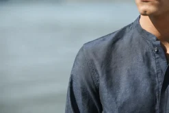Drapeau Noir Chemise Slub Blue Coton Lin - Fit Habillé Bleu Sale