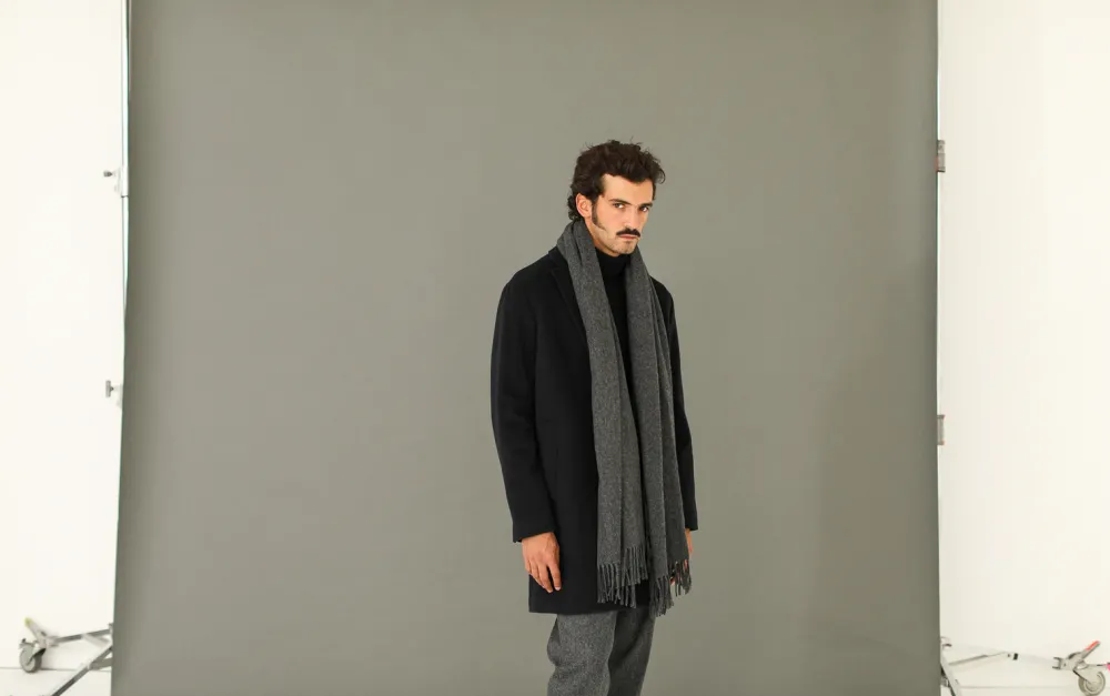 Drapeau Noir Echarpe Oversize Lambswool Gris Chiné Dark Grey Fashion