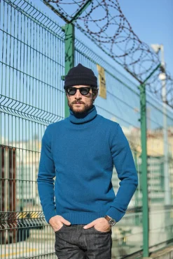 Drapeau Noir Pull Col Roulé Laine d'Agneau Bleu Bleu Électrique Fashion