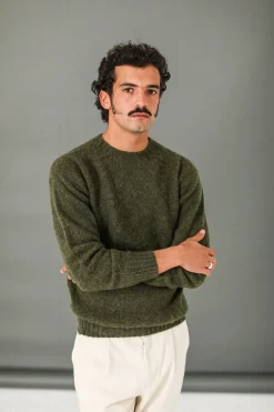 Drapeau Noir Pull Shetland "Shaggy" Khaki Loden Best Sale