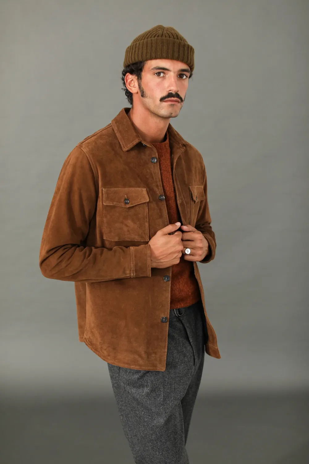 Drapeau Noir Surchemise Cuir Suédé Tabac Marron New
