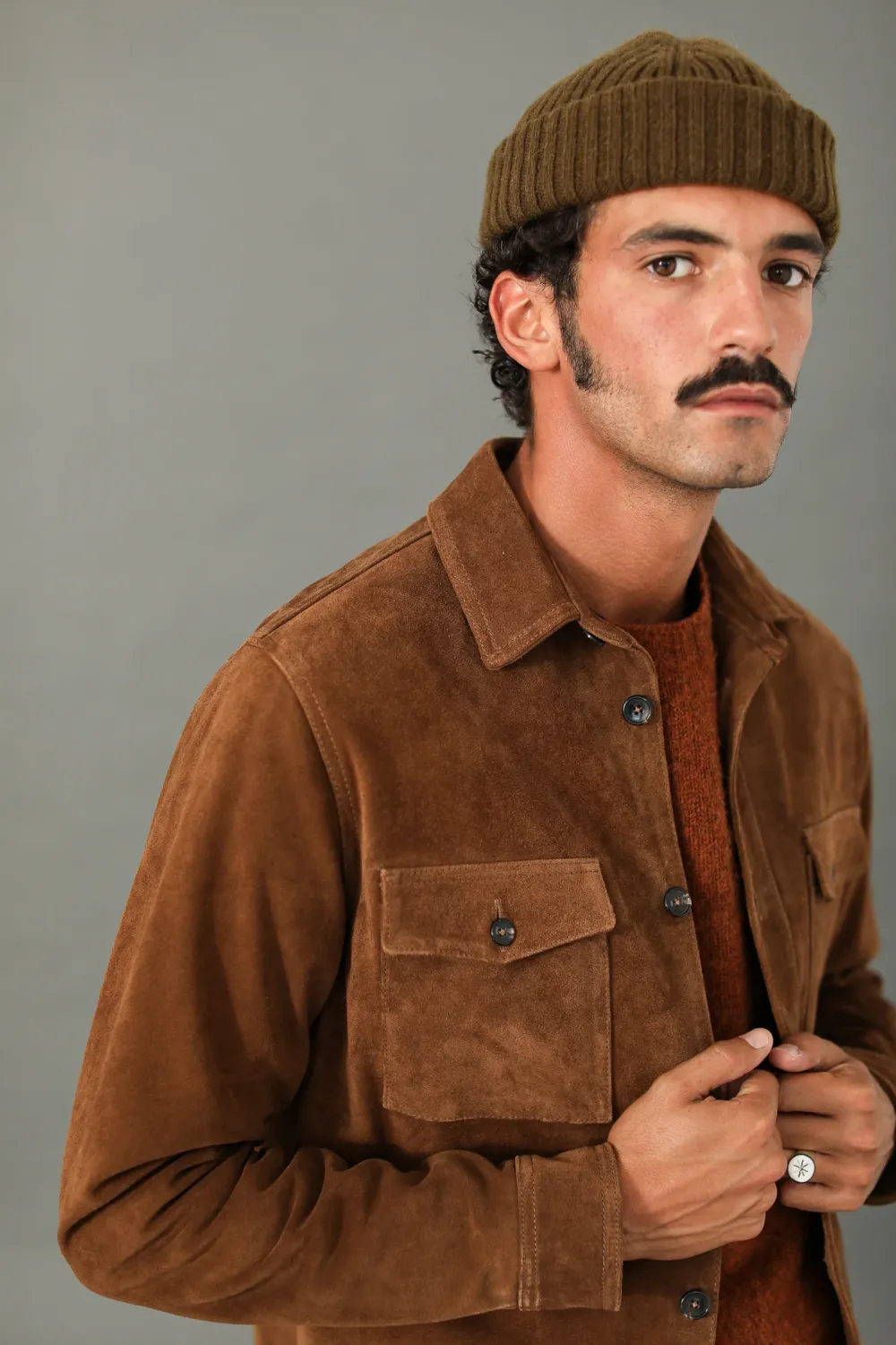 Drapeau Noir Surchemise Cuir Suédé Tabac Marron New