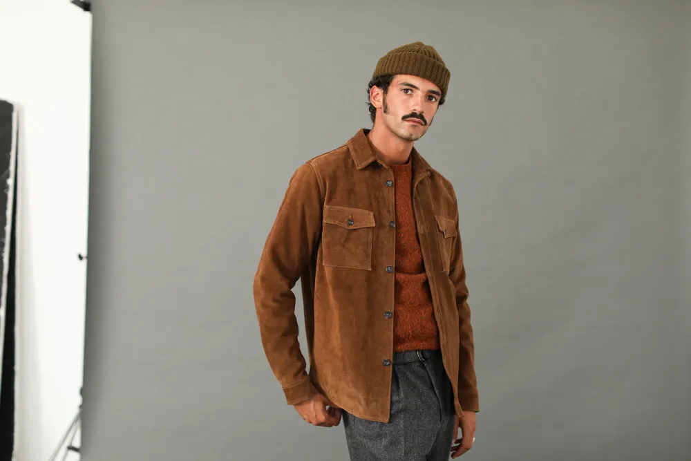 Drapeau Noir Surchemise Cuir Suédé Tabac Marron New